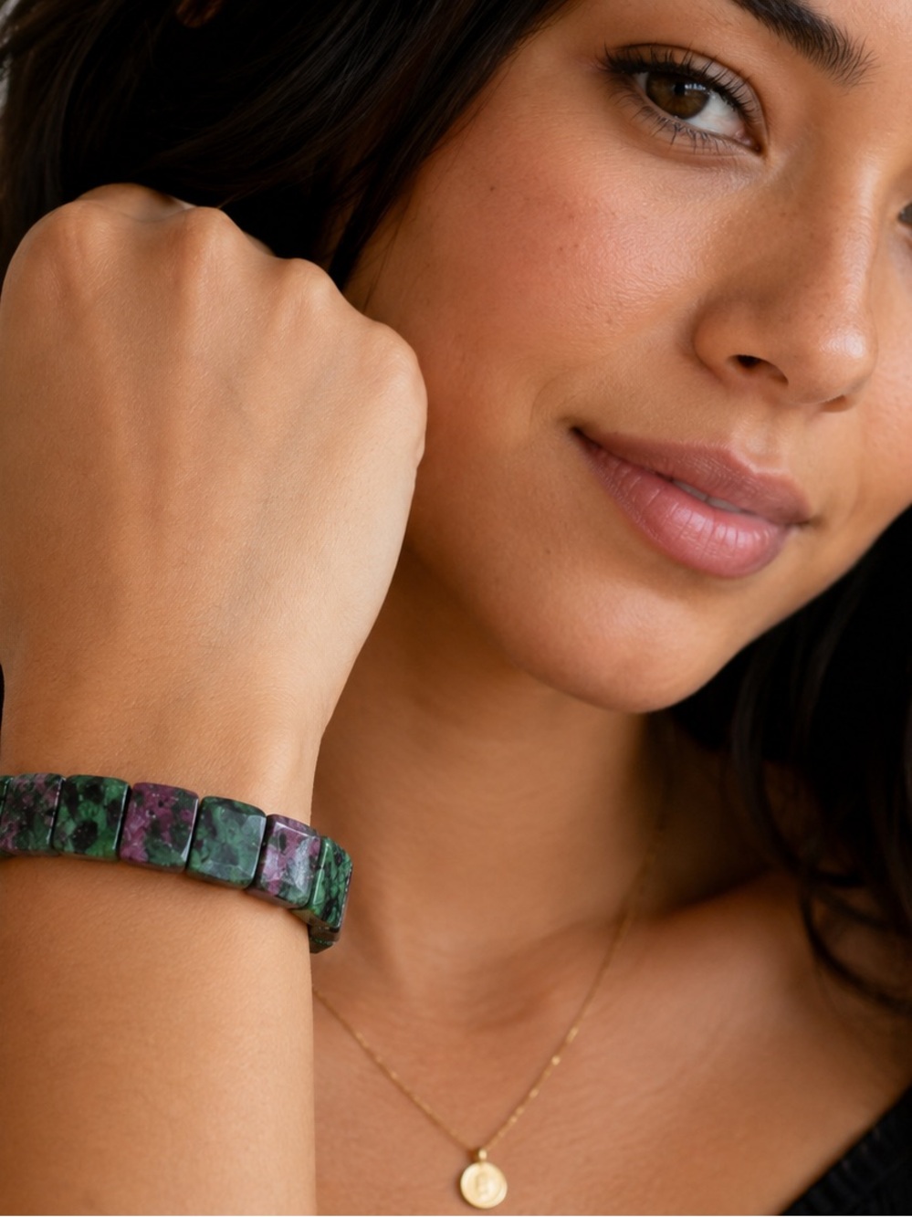 Natural Ruby in Zoisite (Anyolite) Rectangular Stretch Gemstone Bracelet